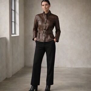 Kenneth Cole Reaction Brown Leather Jacket Women's Medium Belted Moto Zip Cuffs